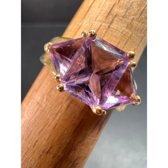 Vintage Ross-Simons 14K Yellow Gold Trillion Cut Amethyst 3 Stone Ring Size 7 - Picture 1 of 16